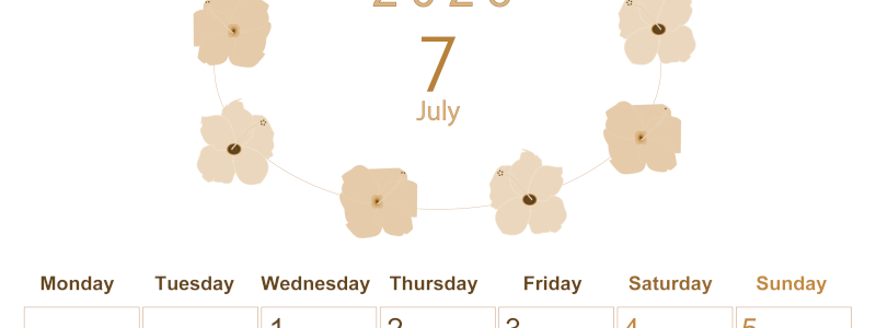 2026年7月縦型レトロな月曜始まり 花のイラストがかわいいA4無料セピア調カレンダー(2026-00630711)