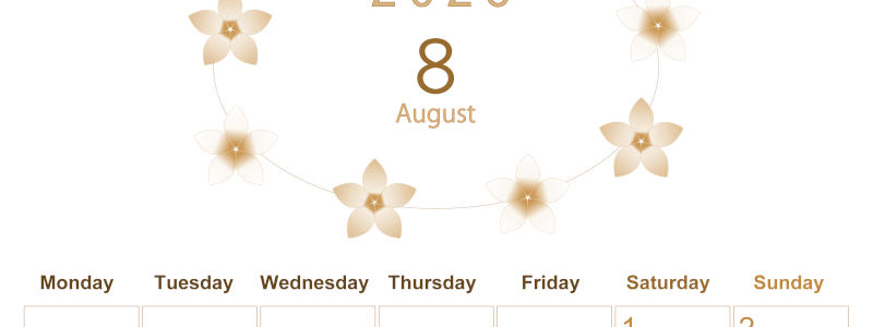 2026年8月縦型レトロな月曜始まり プルメリアがかわいいイラストA4無料セピア調カレンダー(2026-00630811)