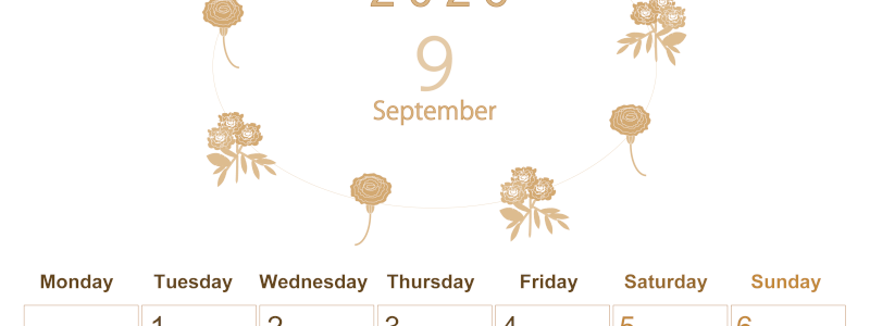 2026年9月縦型レトロな月曜始まり 花イラストのかわいいA4無料セピア調カレンダー(2026-00630911)