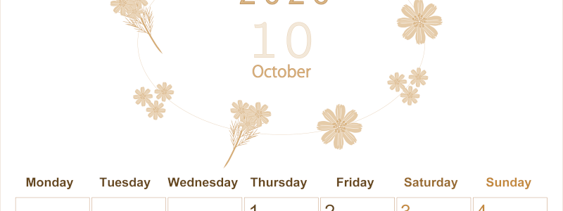 2026年10月縦型レトロな月曜始まり 花イラストのかわいいA4無料セピア調カレンダー(2026-00631011)