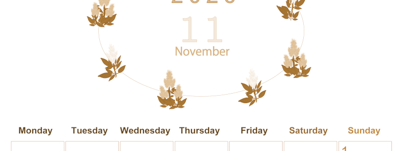 2026年11月縦型レトロな月曜始まり 花イラストのかわいいA4無料セピア調カレンダー(2026-00631111)