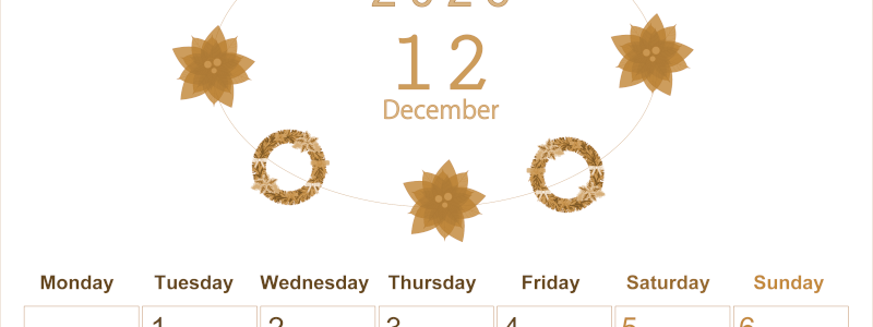 2026年12月縦型レトロな月曜始まり ポインセチアがかわいいイラストA4無料セピア調カレンダー(2026-00631211)