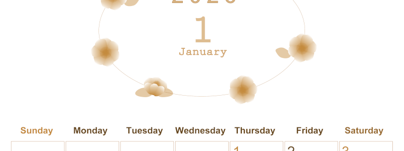 2026年1月縦型レトロな日曜始まり 花イラストのかわいいA4無料セピア調カレンダー(2026-00630110)