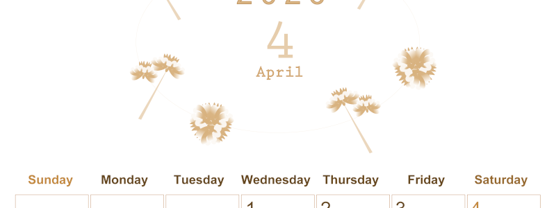 2026年4月縦型レトロな日曜始まり 牡丹桜イラストのかわいいA4無料セピア調カレンダー(2026-00630410)