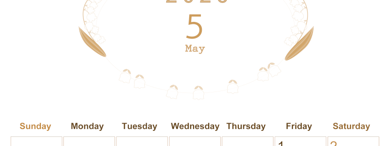 2026年5月縦型レトロな日曜始まり すずらんイラストのかわいいA4無料セピア調カレンダー(2026-00630510)