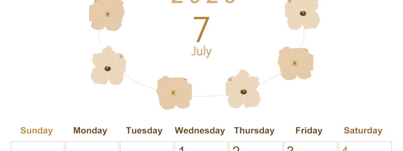 2026年7月縦型レトロな日曜始まり 花のイラストがかわいいA4無料セピア調カレンダー(2026-00630710)