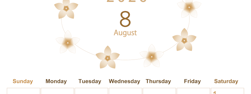 2026年8月縦型レトロな日曜始まり プルメリアがかわいいイラストA4無料セピア調カレンダー(2026-00630810)