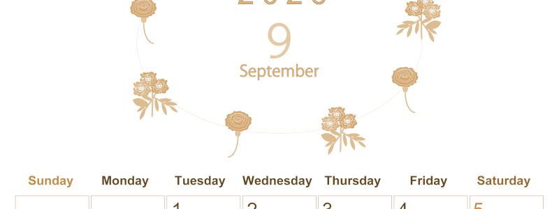 2026年9月縦型レトロな日曜始まり 花イラストのかわいいA4無料セピア調カレンダー(2026-00630910)