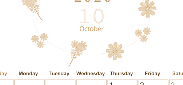 2026年10月縦型レトロな日曜始まり 花イラストのかわいいA4無料セピア調カレンダー(2026-00631010)