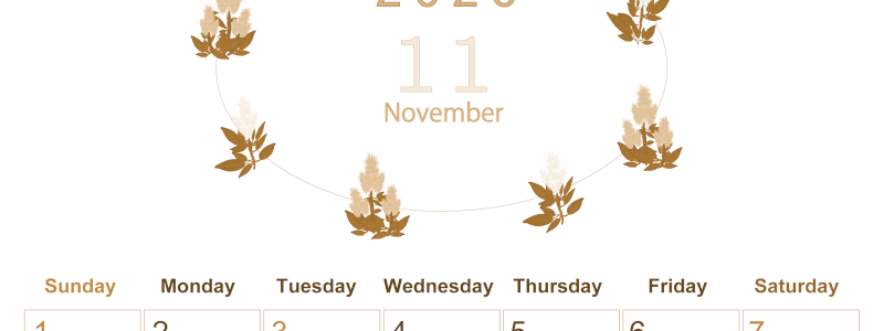 2026年11月縦型レトロな日曜始まり 花イラストのかわいいA4無料セピア調カレンダー(2026-00631110)