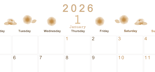 2026年1月横型レトロな月曜始まり 花イラストのかわいいA4無料セピア調カレンダー(2026-00630101)