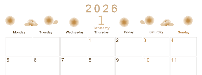 2026年1月横型レトロな月曜始まり 花イラストのかわいいA4無料セピア調カレンダー(2026-00630101)