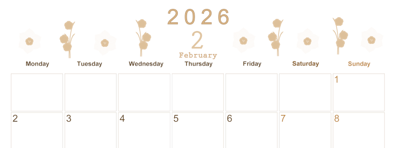 2026年2月横型レトロな月曜始まり 草花がかわいいイラストA4無料セピア調カレンダー(2026-00630201)