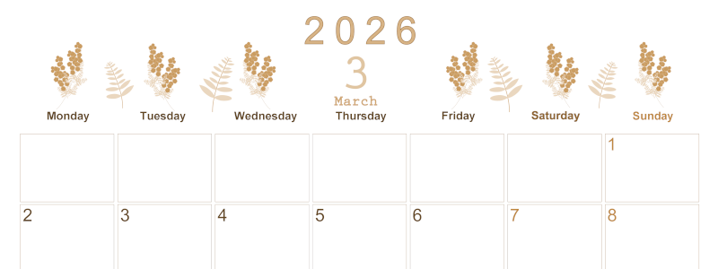 2026年3月横型レトロな月曜始まり フラワーイラストのかわいいA4無料セピア調カレンダー(2026-00630301)