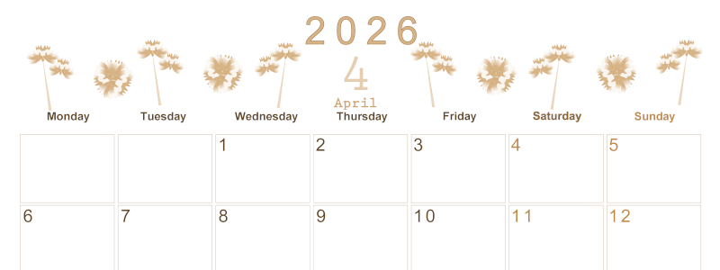 2026年4月横型レトロな月曜始まり 牡丹桜イラストのかわいいA4無料セピア調カレンダー(2026-00630401)