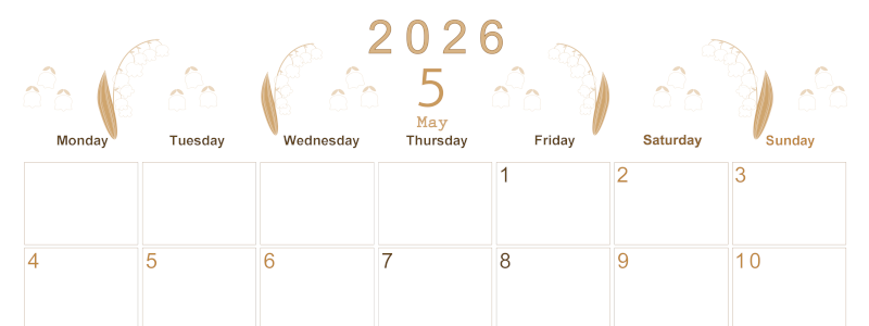 2026年5月横型レトロな月曜始まり すずらんイラストのかわいいA4無料セピア調カレンダー(2026-00630501)