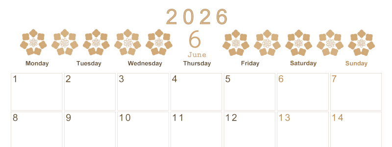 2026年6月横型レトロな月曜始まり あじさいイラストのかわいいA4無料セピア調カレンダー(2026-00630601)