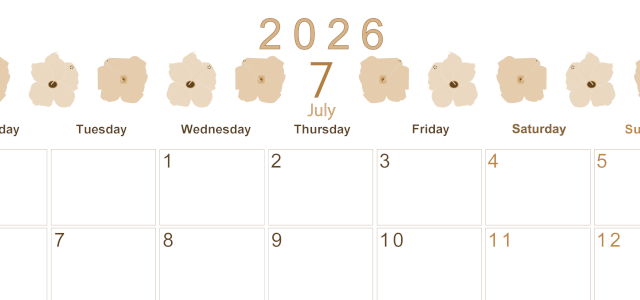 2026年7月横型レトロな月曜始まり 花のイラストがかわいいA4無料セピア調カレンダー(2026-00630701)