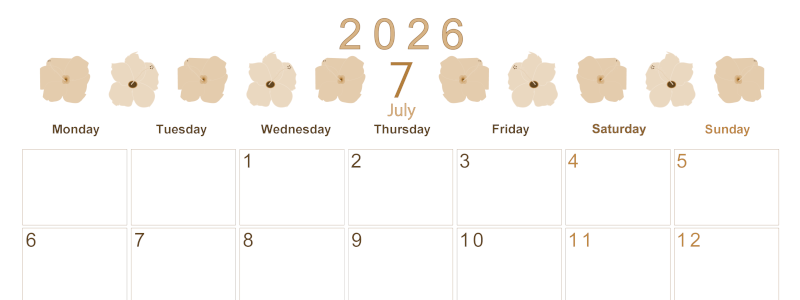 2026年7月横型レトロな月曜始まり 花のイラストがかわいいA4無料セピア調カレンダー(2026-00630701)