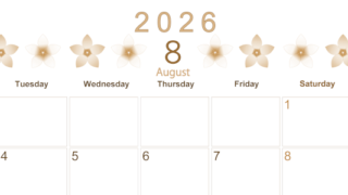 2026年8月横型レトロな月曜始まり プルメリアがかわいいイラストA4無料セピア調カレンダー(2026-00630801)