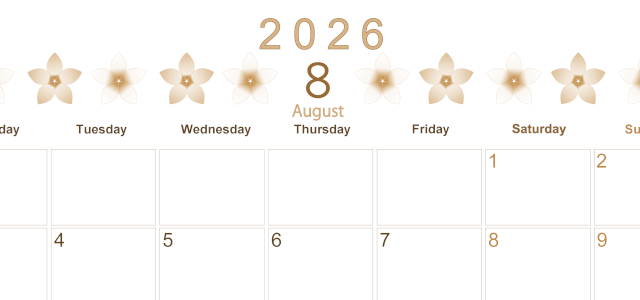 2026年8月横型レトロな月曜始まり プルメリアがかわいいイラストA4無料セピア調カレンダー(2026-00630801)