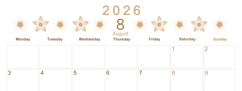 2026年8月横型レトロな月曜始まり プルメリアがかわいいイラストA4無料セピア調カレンダー(2026-00630801)