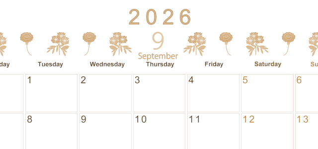 2026年9月横型レトロな月曜始まり 花イラストのかわいいA4無料セピア調カレンダー(2026-00630901)