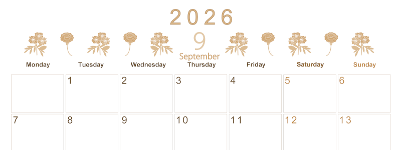 2026年9月横型レトロな月曜始まり 花イラストのかわいいA4無料セピア調カレンダー(2026-00630901)