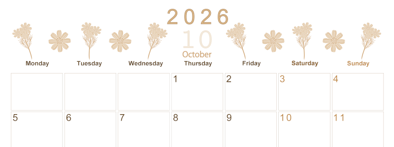 2026年10月横型レトロな月曜始まり 花イラストのかわいいA4無料セピア調カレンダー(2026-00631001)