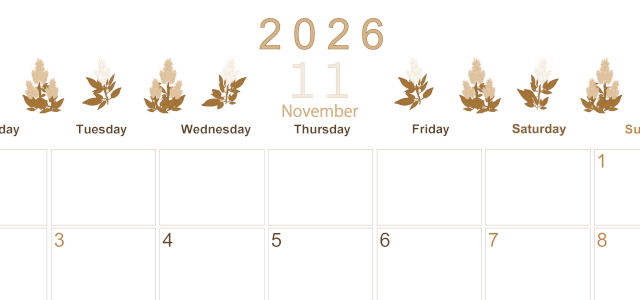 2026年11月横型レトロな月曜始まり 花イラストのかわいいA4無料セピア調カレンダー(2026-00631101)