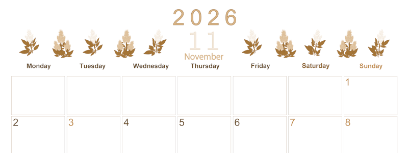 2026年11月横型レトロな月曜始まり 花イラストのかわいいA4無料セピア調カレンダー(2026-00631101)