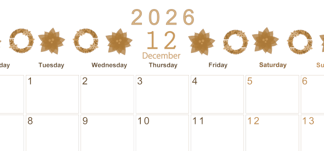 2026年12月横型レトロな月曜始まり ポインセチアがかわいいイラストA4無料セピア調カレンダー(2026-00631201)