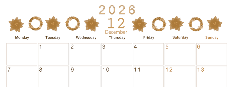 2026年12月横型レトロな月曜始まり ポインセチアがかわいいイラストA4無料セピア調カレンダー(2026-00631201)