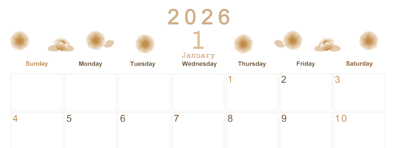 2026年1月横型レトロな日曜始まり 季節の花イラストのかわいいA4無料セピア調カレンダー(2026-00630100)