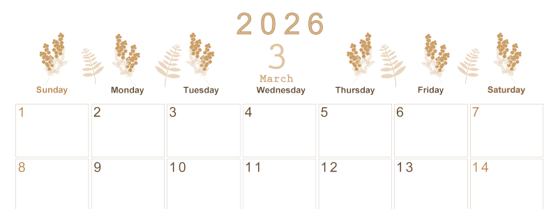2026年3月横型レトロな日曜始まり フラワーイラストのかわいいA4無料セピア調カレンダー(2026-00630300)