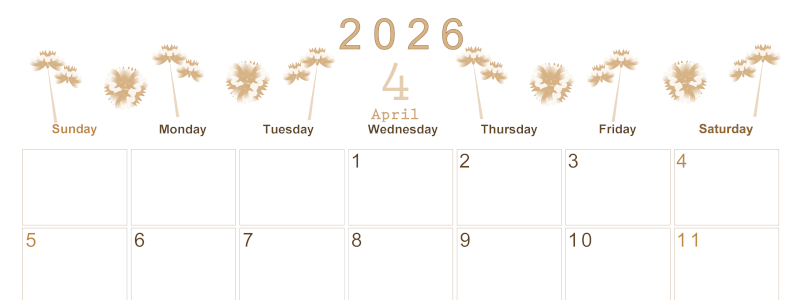 2026年4月横型レトロな日曜始まり 牡丹桜イラストのかわいいA4無料セピア調カレンダー(2026-00630400)