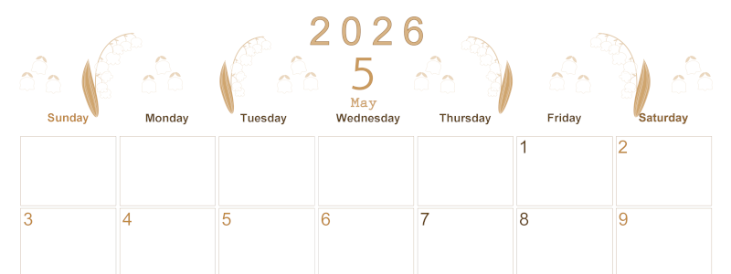 2026年5月横型レトロな日曜始まり すずらんイラストのかわいいA4無料セピア調カレンダー(2026-00630500)