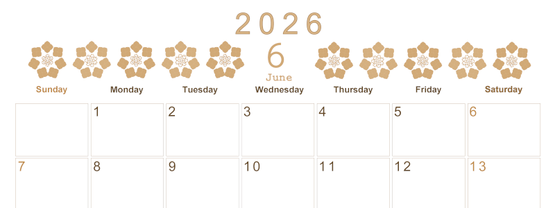2026年6月横型レトロな日曜始まり あじさいイラストのかわいいA4無料セピア調カレンダー(2026-00630600)