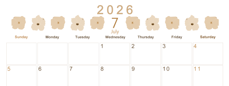 2026年7月横型レトロな日曜始まり 花のイラストがかわいいA4無料セピア調カレンダー(2026-00630700)