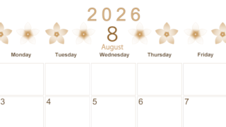 2026年8月横型レトロな日曜始まり プルメリアがかわいいイラストA4無料セピア調カレンダー(2026-00630800)