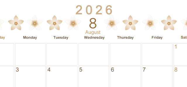 2026年8月横型レトロな日曜始まり プルメリアがかわいいイラストA4無料セピア調カレンダー(2026-00630800)