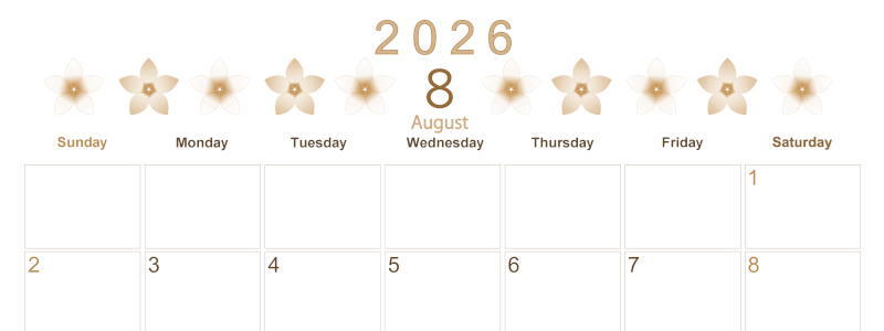 2026年8月横型レトロな日曜始まり プルメリアがかわいいイラストA4無料セピア調カレンダー(2026-00630800)