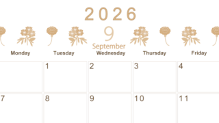 2026年9月横型レトロな日曜始まり 花イラストのかわいいA4無料セピア調カレンダー(2026-00630900)