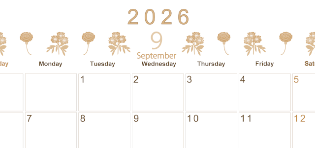 2026年9月横型レトロな日曜始まり 花イラストのかわいいA4無料セピア調カレンダー(2026-00630900)