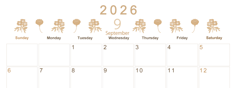 2026年9月横型レトロな日曜始まり 花イラストのかわいいA4無料セピア調カレンダー(2026-00630900)