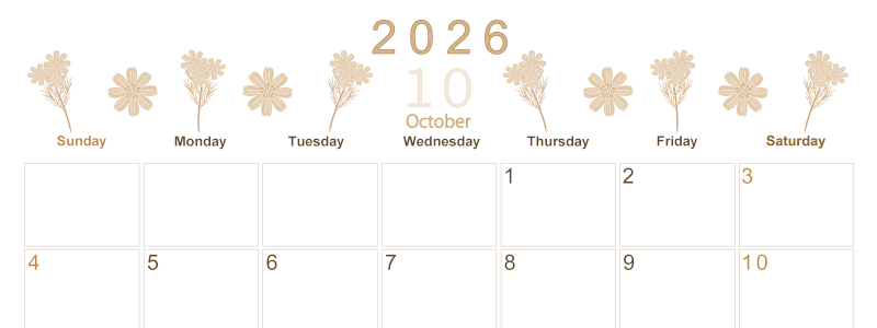 2026年10月横型レトロな日曜始まり 花イラストのかわいいA4無料セピア調カレンダー(2026-00631000)
