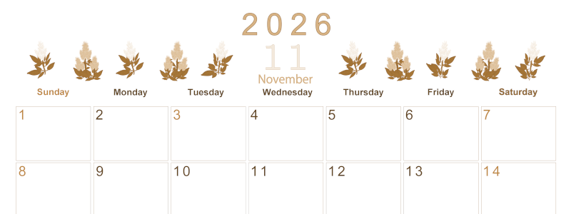 2026年11月横型レトロな日曜始まり 花イラストのかわいいA4無料セピア調カレンダー(2026-00631100)
