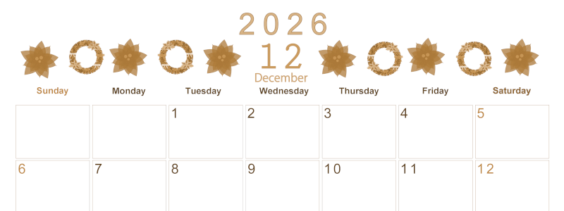 2026年12月横型レトロな日曜始まり ポインセチアがかわいいイラストA4無料セピア調カレンダー(2026-00631200)