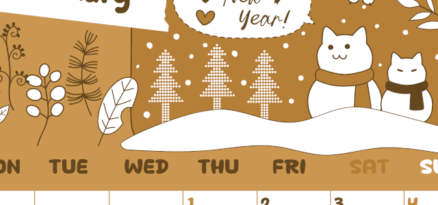 2026年1月縦型レトロな月曜始まり ポップな雪イラストのかわいいA4無料セピア調カレンダー(2026-00640111)