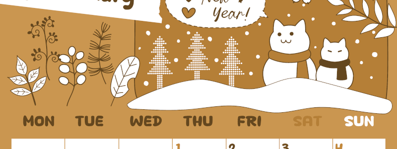 2026年1月縦型レトロな月曜始まり ポップな雪イラストのかわいいA4無料セピア調カレンダー(2026-00640111)